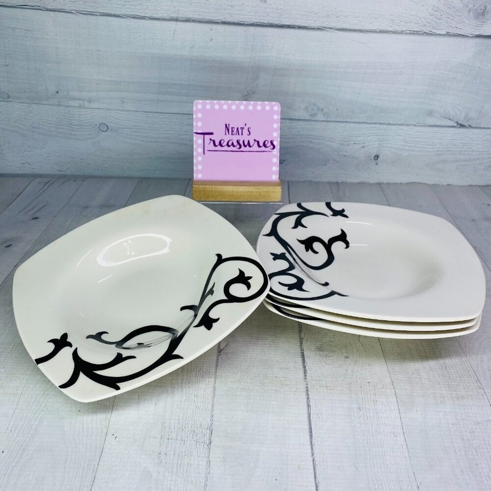Coventry SCROLL BLACK White Porcelain Square No Trim Large Rim Soup Bowls Set 4